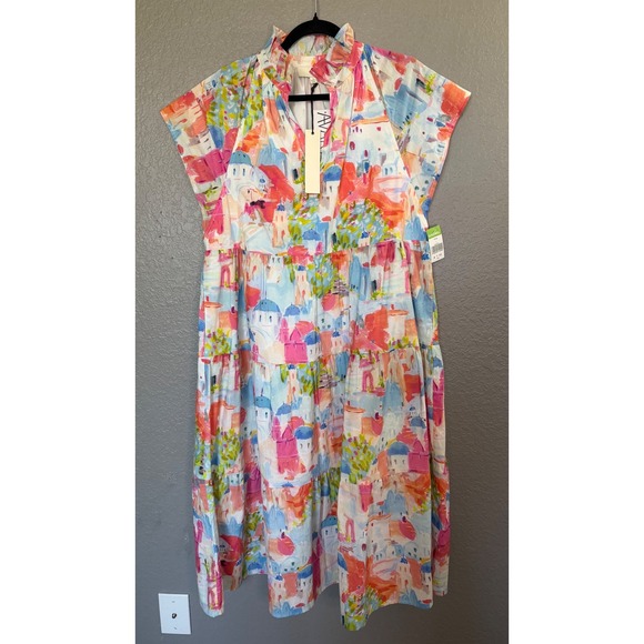 NWT Pinch Santorini Toile Isa Midi Dress L Houses Travel Pastel Whimsical Travel - Picture 2 of 12